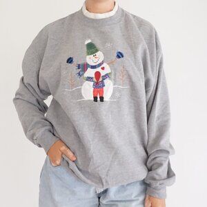 Vintage Morning Sun Snowman Gray Cotton Sweater Cabincore Patchwork XL